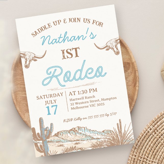 Vintage Western Cowboy First Rodeo 1st Birthday  Invitation (Vintage First Rodeo 1st Birthday Invitation, Longhorn Cows, Cowboy 1st Birthday, Western Wild West )