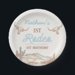 Vintage Western Cowboy First Rodeo 1st Birthday  Paper Plates<br><div class="desc">Vintage Western Cowboy First Rodeo 1st Birthday Paper Plates

Boy's vintage first birthday rodeo paper plate featuring two longhorn cows,  a desert scene and rope style text.  The age is editable making this rodeo themed birthday paper plate suitable for any age.</div>