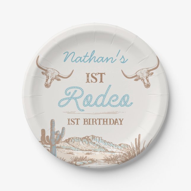 Vintage Western Cowboy First Rodeo 1st Birthday  Paper Plates (Front)