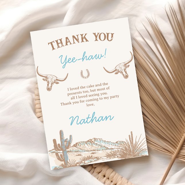 Vintage Western Cowboy First Rodeo 1st Birthday  Thank You Card (Boys Rodeo Wild West Western Southwestern Birthday Thank You Card, Longhorn Cows, Western Desert, )