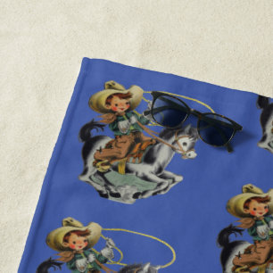 Vintage Western Cowboy Kid On Horse with Rope Beach Towel