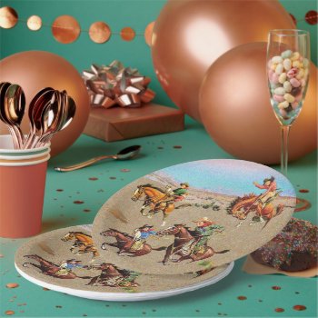Vintage Western Cowboy Kids On Horses  Paper Plates by RODEODAYS at Zazzle