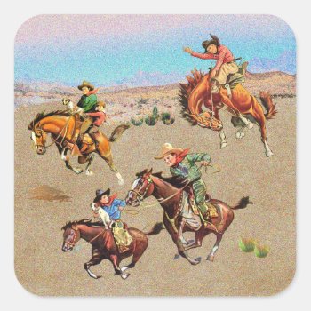 Vintage Western Cowboy Kids On Horses  Square Sticker by RODEODAYS at Zazzle