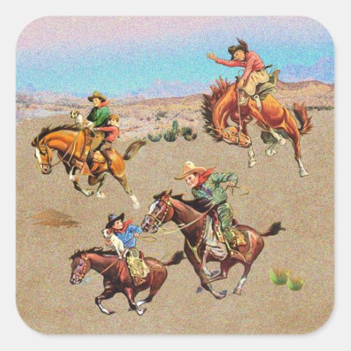Vintage Western Cowboy Kids on Horses  Square Sticker