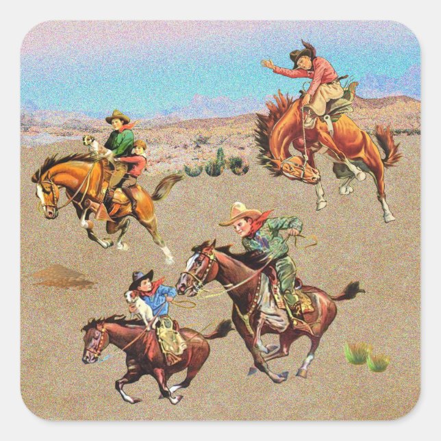 Vintage Western Cowboy Kids on Horses  Square Sticker (Front)