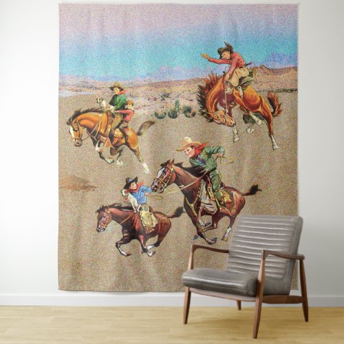 Vintage Western Cowboy Kids on Horses   Tapestry