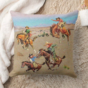 Vintage Western Cowboy Kids on Horses  Throw Pillow