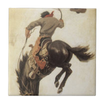Vintage Western, Cowboy on a Bucking Bronco Horse Tile