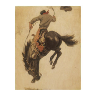 Vintage Western, Cowboy on a Bucking Bronco Horse Wood Wall Art