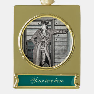 Vintage Western Cowboy Portrait Art Gold Plated Banner Ornament