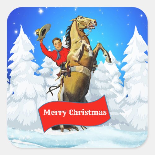 Vintage Western Cowboy Rearing Horse Merry Christm Square Sticker