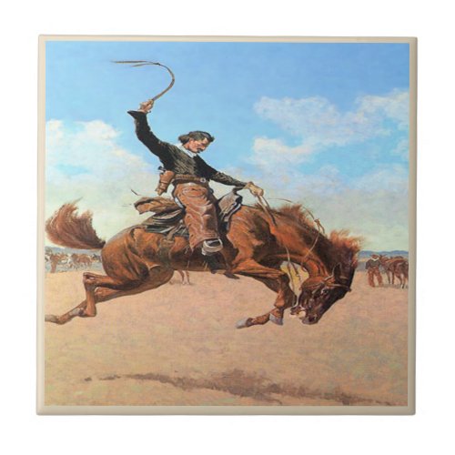 Vintage Western Cowboy Riding Wild Bucking Horse Ceramic Tile