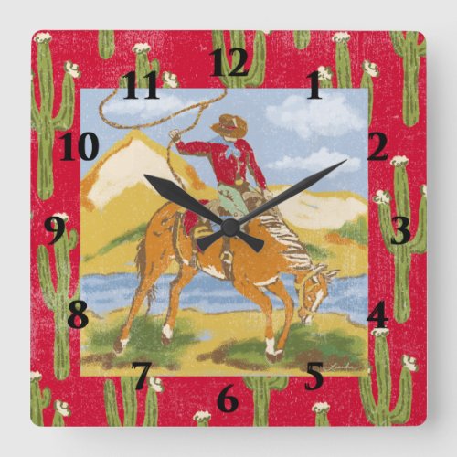 Vintage Western Cowboy Rodeo Square Wall Clock