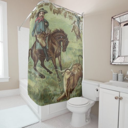 Vintage Western Cowboy Roping A Steer Shower Curtain