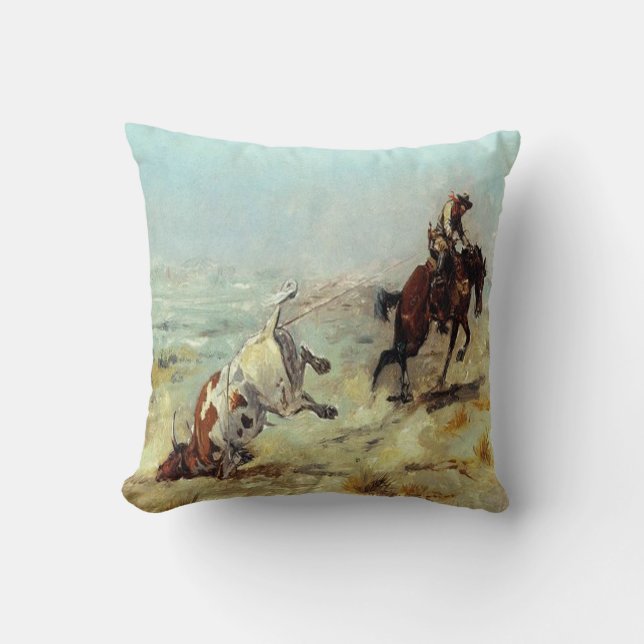 Vintage Western Cowboy Roping A Steer Throw Pillow (Front)