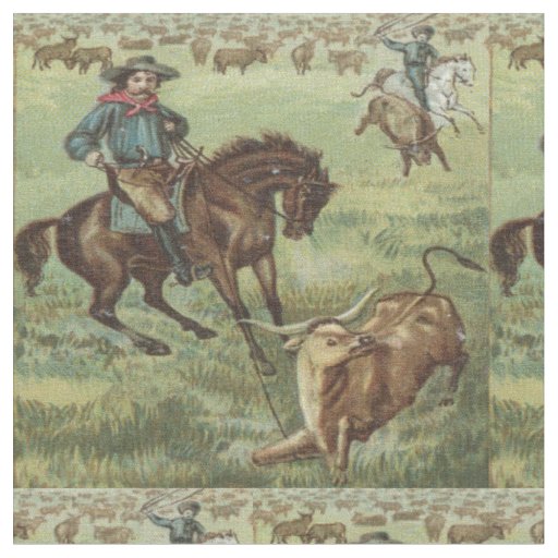 Vintage Western Cowboy Steer Roping Fabric