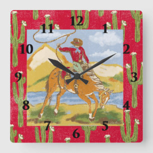 Vintage Western Cowboy Wild West Square Wall Clock