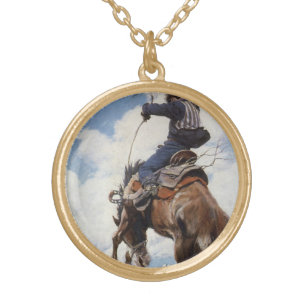 Vintage Western Cowboys, Bucking by NC Wyeth Gold Plated Necklace