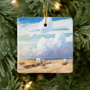 Vintage Western Cowboys, Covered Wagons by Wyeth Ceramic Ornament