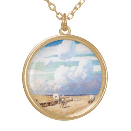 Vintage Western Cowboys Covered Wagons by Wyeth Gold Plated Necklace