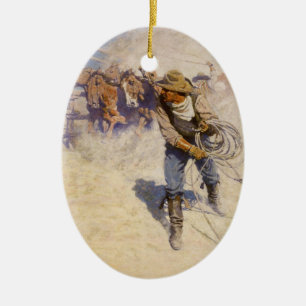 Vintage Western Cowboys, In the Corral by NC Wyeth Ceramic Ornament