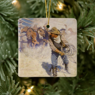 Vintage Western Cowboys, In the Corral by NC Wyeth Ceramic Ornament