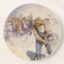 Vintage Western Cowboys, In the Corral by NC Wyeth Sandstone Coaster
