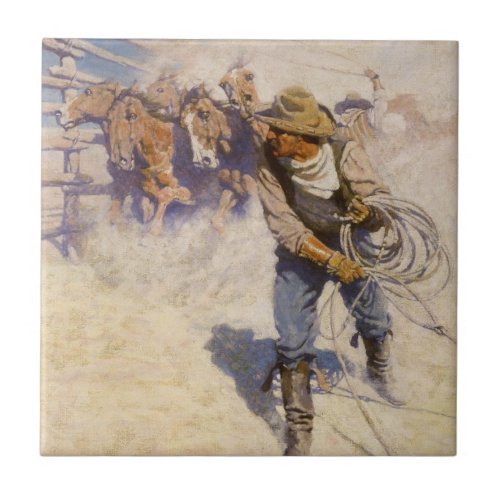 Vintage Western Cowboys In the Corral by NC Wyeth Tile