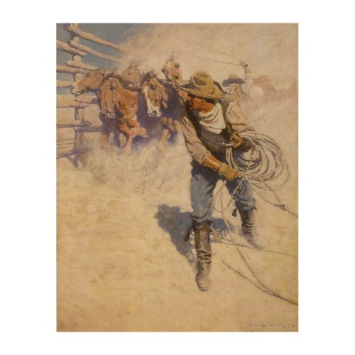 Vintage Western Cowboys In the Corral by NC Wyeth Wood Wall Art