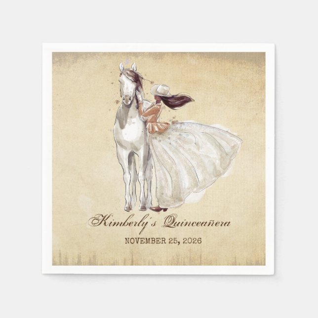 Vintage Western Cowgirl and Horse Quinceanera Napkins (Front)