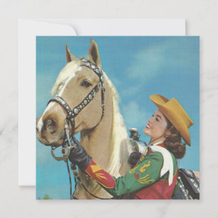 Vintage Western Cowgirl and Palomino Horse Card