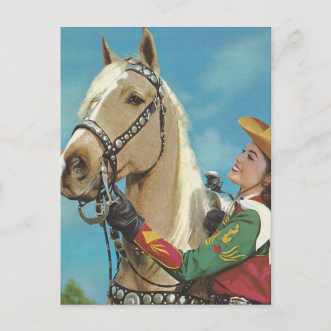Vintage Western Cowgirl and Palomino Horse Postcard (Front)