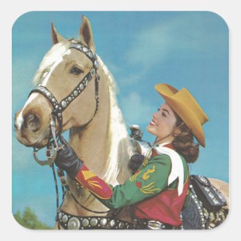 Vintage Western Cowgirl And Palomino Horse Square Sticker by tyraobryant at Zazzle
