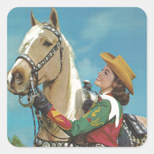 Vintage Western Cowgirl and Palomino Horse Square Sticker