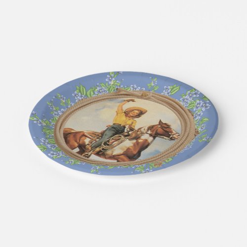 Vintage Western Cowgirl Horse With Rope Flowers Paper Plates