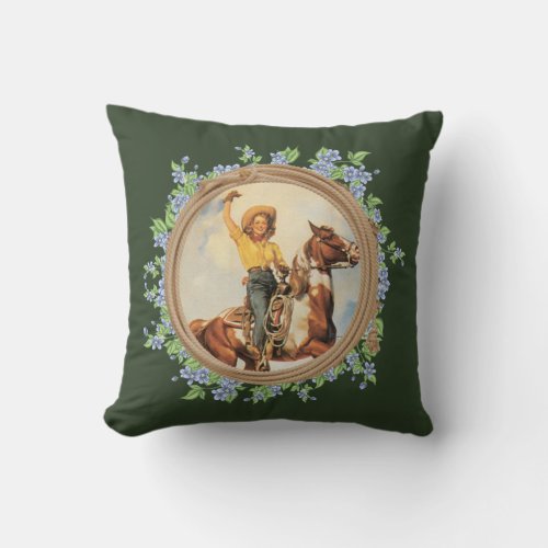 Vintage Western Cowgirl Horse With Rope Flowers Throw Pillow