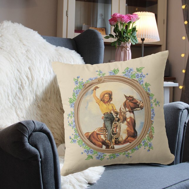 Vintage Western Cowgirl Horse With Rope Flowers Throw Pillow (Creator Uploaded)