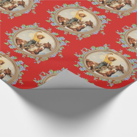 Vintage Western Cowgirl Horse With Rope Flowers Wrapping Paper