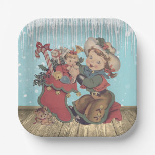 Vintage Western Cowgirl Kid and Christmas Stocking Paper Plates