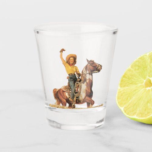 Vintage Western Cowgirl On Horse And Waving Shot Glass