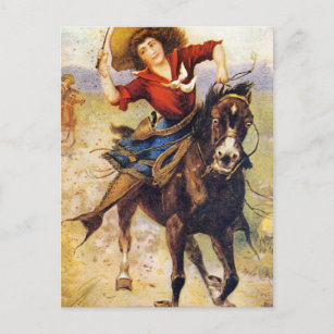 Vintage Western Cowgirl On Horse Postcard