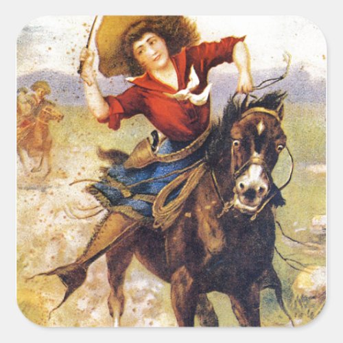 Vintage Western Cowgirl On Horse Square Sticker
