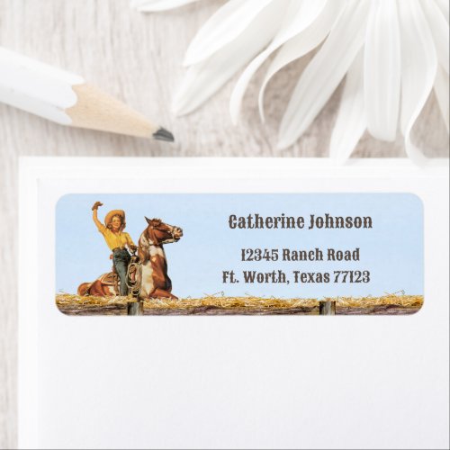 Vintage Western Cowgirl On Horse Waving Address Label