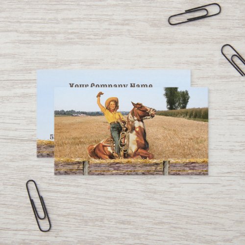 Vintage Western Cowgirl On Horse Waving Business Card