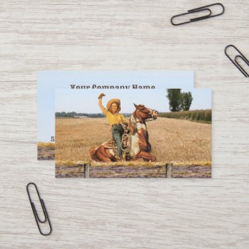 Vintage Western Cowgirl On Horse Waving Business Card by RODEODAYS at Zazzle
