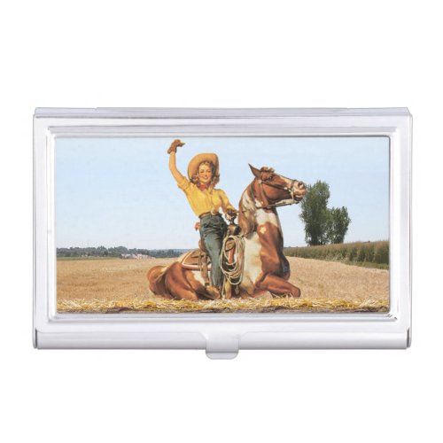 Vintage Western Cowgirl On Horse Waving       Business Card Case