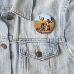 Vintage Western Cowgirl On Horse Waving Button