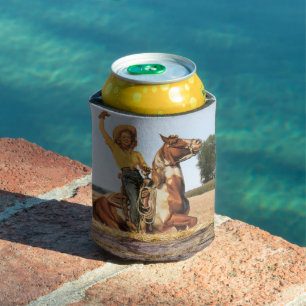 Vintage Western Cowgirl On Horse Waving Can Cooler