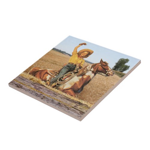 Vintage Western Cowgirl On Horse Waving Ceramic Tile