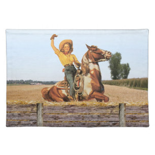 Vintage Western Cowgirl On Horse Waving Cloth Placemat